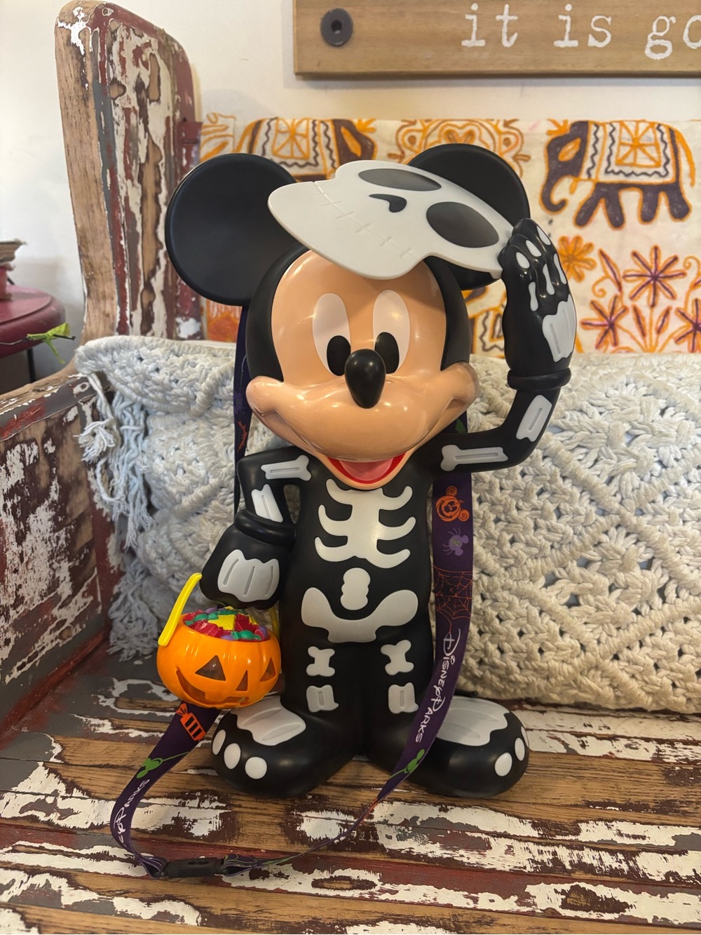 Disney Black and White Mickey Mouse Skeleton Trick-or-Treat Bucket